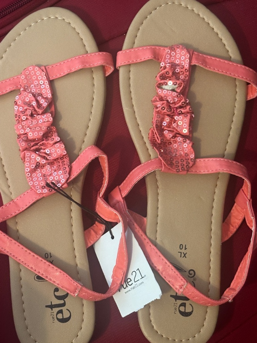 Coral Sequin T-Strap Sandals